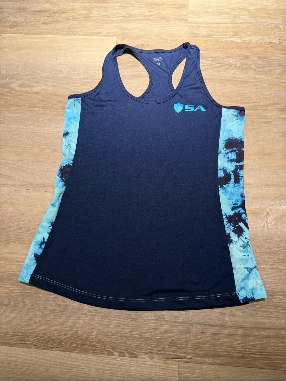 Women's Navy Racerback Tank with Aqua Tie-Dye Side Panels